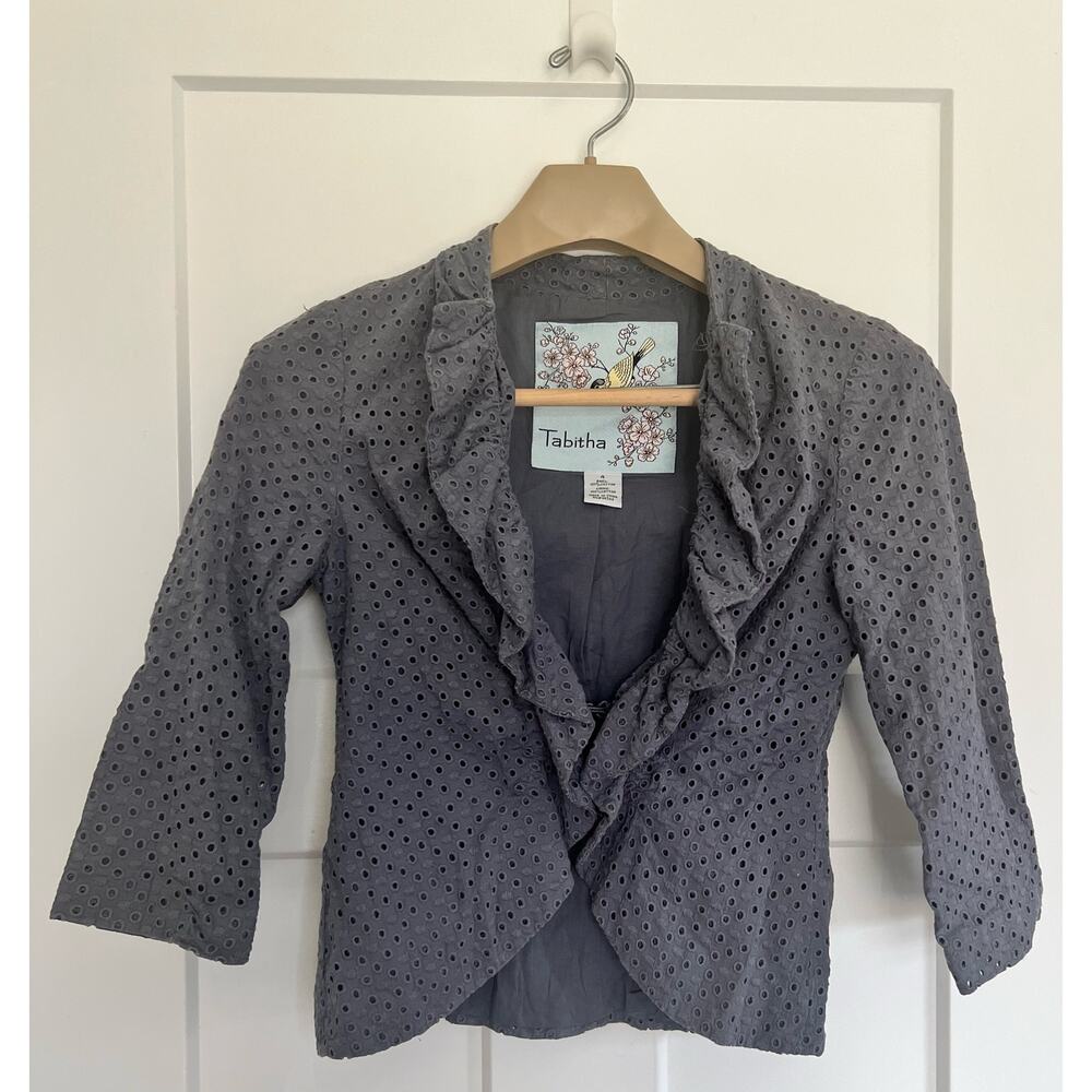 Tabitha Anthropologie Blue Jacket Eyelet Ruffle Open Front Size 4 Cotton